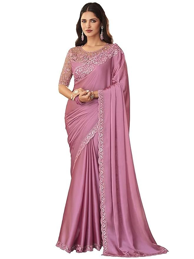61d-dx2yItL._SY879_ Women's And Girls Embroidery Lace & Sequence Embroidery Chiffon Saree With Unstitched Blouse Piece - Image 1